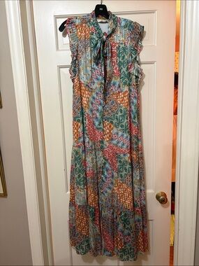 Marie Oliver Multicolor Patchwork Tie-Neck Maxi Dress